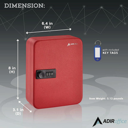 Steel Heavy-Duty Key Cabinet with Combination Lock, 30-Key, 6.4 x 3 x 8, Stainless Steel 304, Red