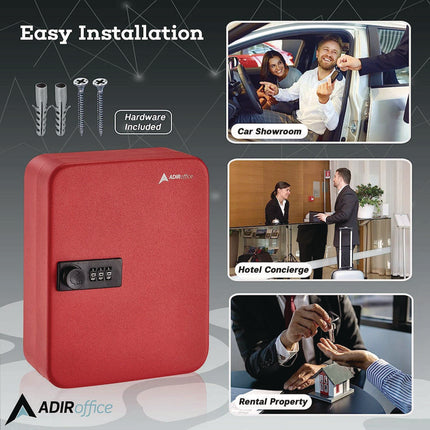 Steel Heavy-Duty Key Cabinet with Combination Lock, 30-Key, 6.4 x 3 x 8, Stainless Steel 304, Red