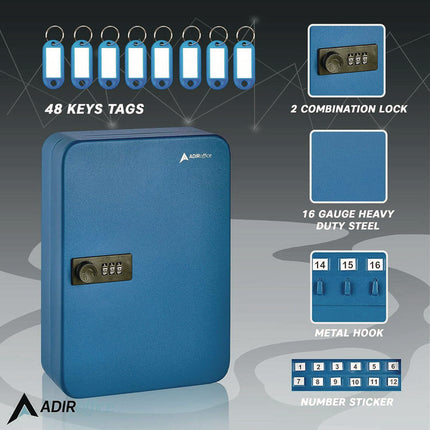 Steel Heavy-Duty Key Cabinet with Combination Lock, 48-Key, 7.1 x 3 x 10, Stainless Steel 304, Blue