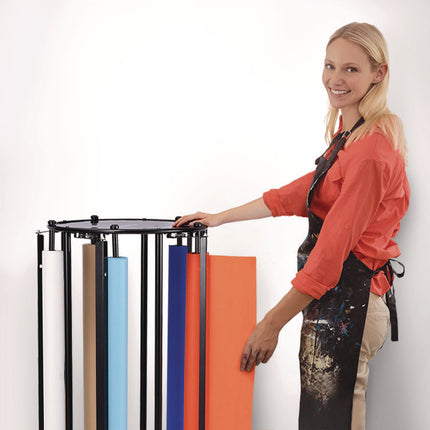 Steel Large Paper Roll Holder Paper Dispenser Stand and Cutter w/Wheels, For Up to 3" dia x 36" Wide Rolls, Metal, Black