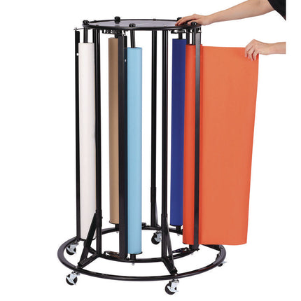 Steel Large Paper Roll Holder Paper Dispenser Stand and Cutter w/Wheels, For Up to 3" dia x 36" Wide Rolls, Metal, Black