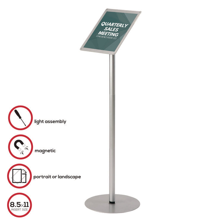 Floor Sign Display with Rear Literature Pocket, 8.5 x 11 Insert, 45" Tall, Silver