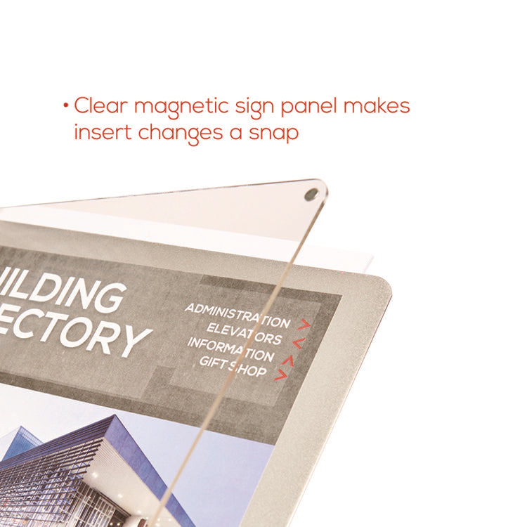 Floor Sign Display with Rear Literature Pocket, 8.5 x 11 Insert, 45" Tall, Silver