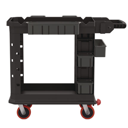 Heavy Duty Plus Utility Cart, Plastic, 2 Shelves, 6 Bins, 500 lb Capacity, 19.5" x 41.78" x 34.81", Black