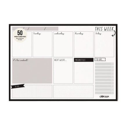Weekly Planner Pad, 8.27 x 11.61, White/Black Sheets, 50-Weeks: Undated