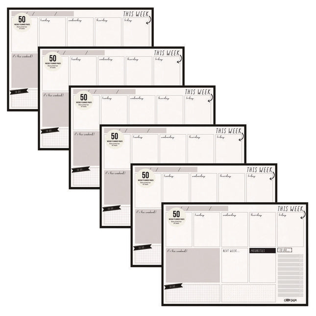 Weekly Planner Pad, 8.27 x 11.61, White/Black Sheets, 50-Weeks: Undated
