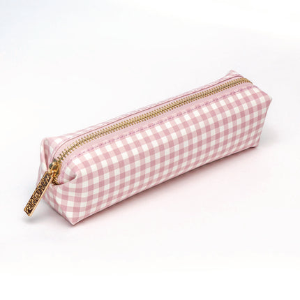 Pencil Case, 7.9" x 2" x 2", Pink/White Check