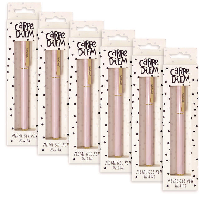 Carpe Diem Metal Gel Pen, Stick, Medium 0.7 mm, Black Ink, Pink Barrel, 6/Pack