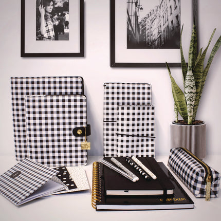 Pencil Case, 7.9" x 2" x 2", Black/White Check