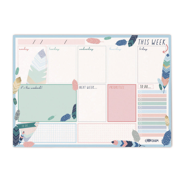 Weekly Planner Pad, Feathers, 11.7 x 8.3, Blue/Cream/Pink Cover, 12-Month, Undated, 6/Pack
