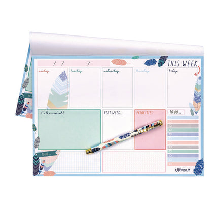 Weekly Planner Pad, Feathers, 11.7 x 8.3, Blue/Cream/Pink Cover, 12-Month, Undated, 6/Pack
