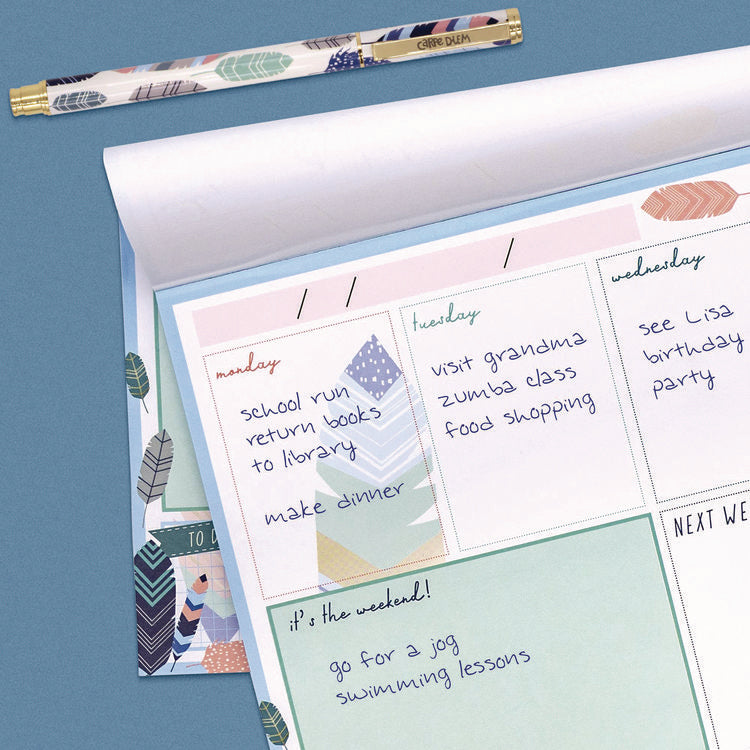 Weekly Planner Pad, Feathers, 11.7 x 8.3, Blue/Cream/Pink Cover, 12-Month, Undated, 6/Pack