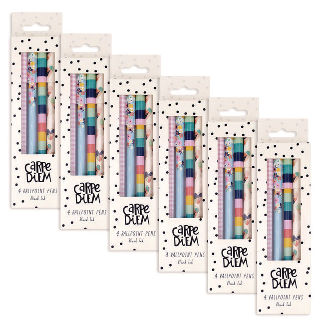 Carpe Diem Ballpoint Pen, Stick, Medium 0.7 mm, Black Ink, Assorted Ditzy Floral Barrel Patterns 4 Pens/Pack, 6 Packs/Box