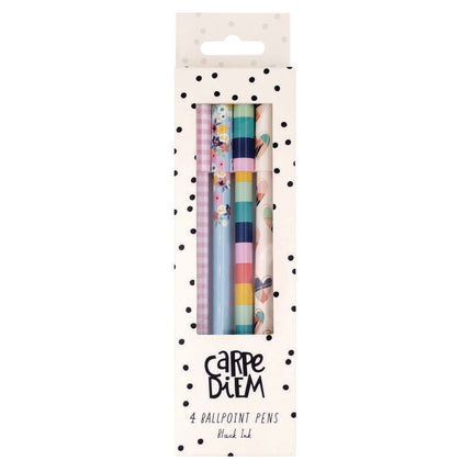 Carpe Diem Ballpoint Pen, Stick, Medium 0.7 mm, Black Ink, Assorted Ditzy Floral Barrel Patterns 4 Pens/Pack, 6 Packs/Box
