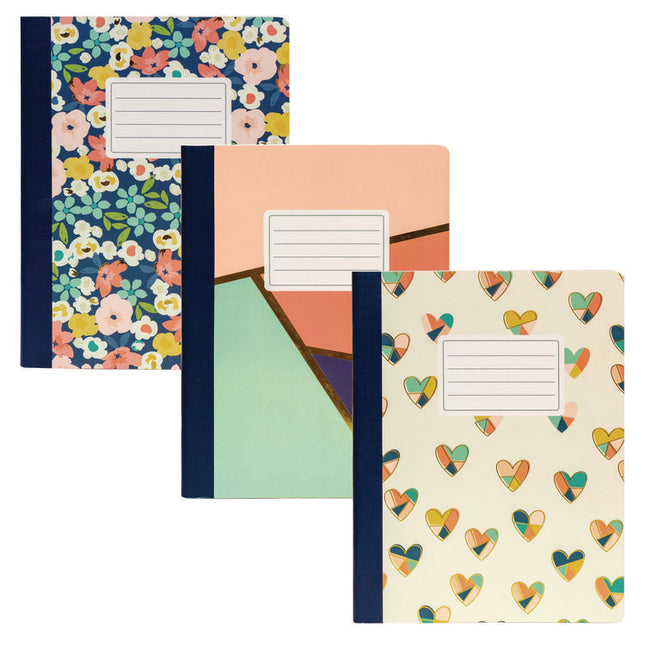 Composition Book, Medium/College Rule, Assorted Cover Colors and Designs (Set 2), (70) 9.75 x 7.5 Sheets, 3/Pack