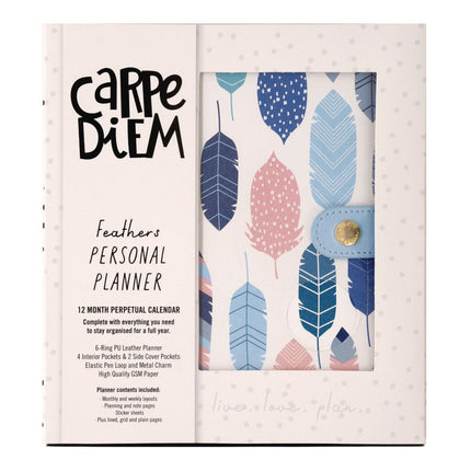 Personal Planner, Feathers, 7.48 x 6.42, Blue/Cream/Pink Cover, 12-Month, Undated