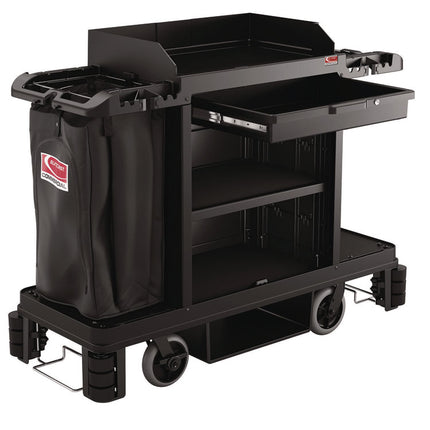 Partially Assembled Premium Housekeeping Cart, Plastic, 1 Shelf, 24 x 62.13 x 49.75, Black