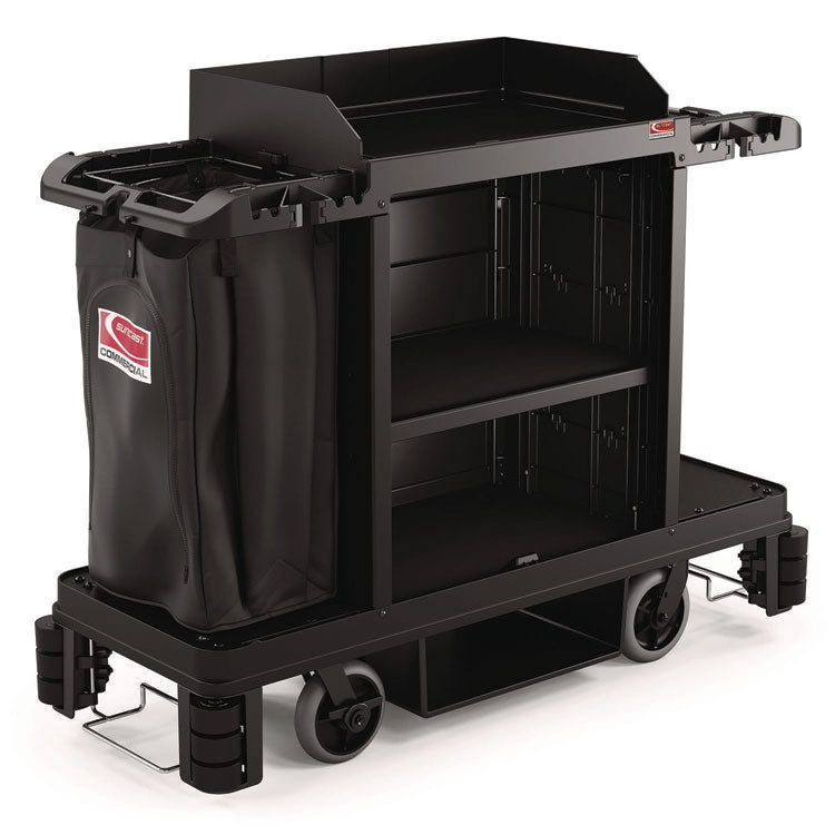 Partially Assembled Premium Housekeeping Cart, Plastic, 1 Shelf, 24 x 62.13 x 49.75, Black