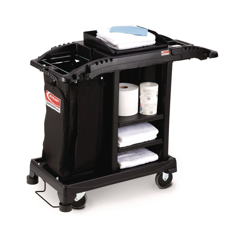 Compact Standard Housekeeping Cart, Plastic, 1 Shelf, 23.25" x 53.18" x 46.57", Black