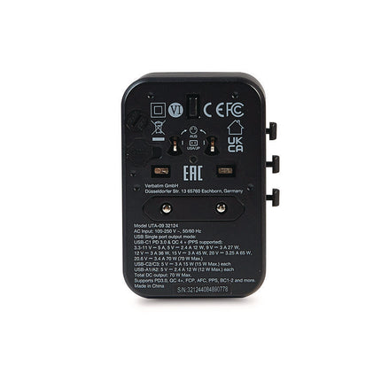 UTA-09 Gan III Universal Travel Adapter, (2) USB-A/(2) USB-C/USB-C with Power Delivery 3.0