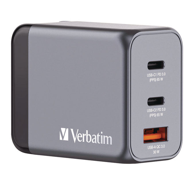 65 W 3-Port GaN Wall Charger, Black/Gray