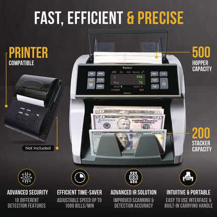 KBR1500V2 Mixed Denomination Cash Counter, 1,200 Bills/min, 9.5 x 11 x 10.4, Gray