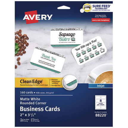 Round Corner Print-To-The-Edge Business Cards, Inkjet, 2 X 3.5, White, 160 Cards, 8 Cards/sheet, 20 Sheets/pack