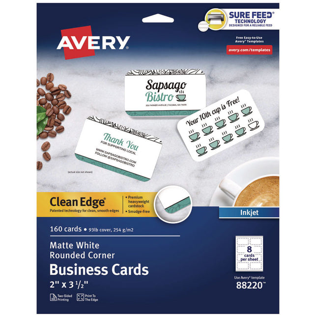 Round Corner Print-To-The-Edge Business Cards, Inkjet, 2 X 3.5, White, 160 Cards, 8 Cards/sheet, 20 Sheets/pack