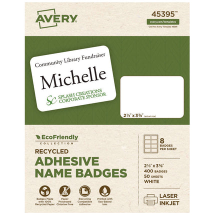 Ecofriendly Adhesive Name Badge Labels, 3.38 X 2.33, White, 400/box
