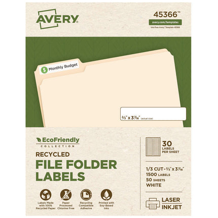 Ecofriendly Permanent File Folder Labels, 0.66 X 3.44, White, 30/sheet, 50 Sheets/pack