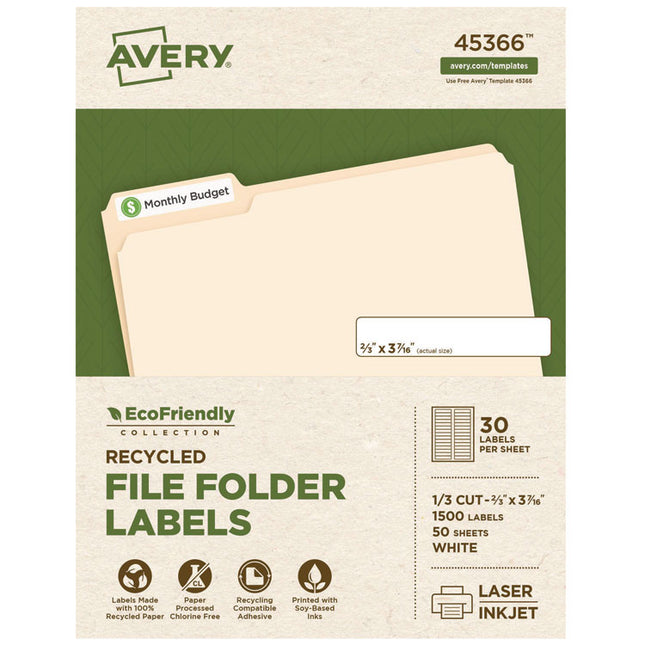 Ecofriendly Permanent File Folder Labels, 0.66 X 3.44, White, 30/sheet, 50 Sheets/pack