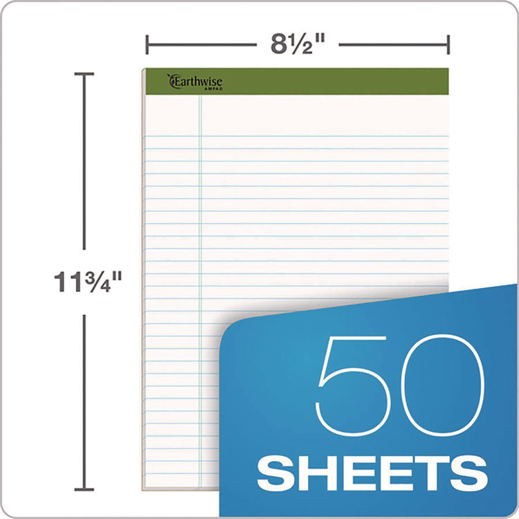 Earthwise By Ampad Recycled Writing Pad, Wide/legal Rule, Politex Sand Headband, 40 White 8.5 X 11.75 Sheets, 4/pack