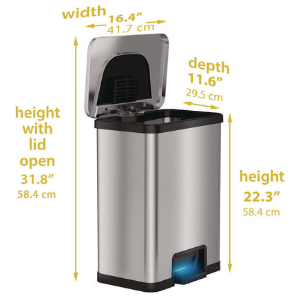 Step Pedal-Sensor Trash Can, 13 gal, Plastic/Stainless Steel, Silver/Black