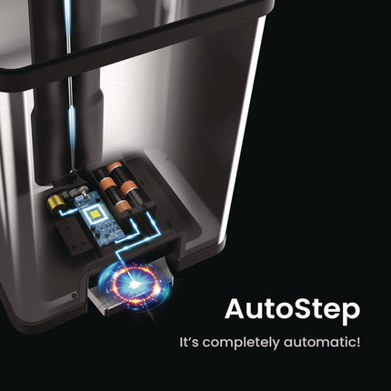 Step Pedal-Sensor Trash Can, 13 gal, Plastic/Stainless Steel, Silver/Black