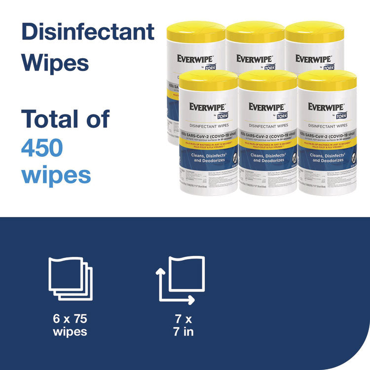 Disinfectant Wipe Canisters, 1-Ply, 7 x 7, Lemon, White, 75 Sheets/Canister, 6/Carton