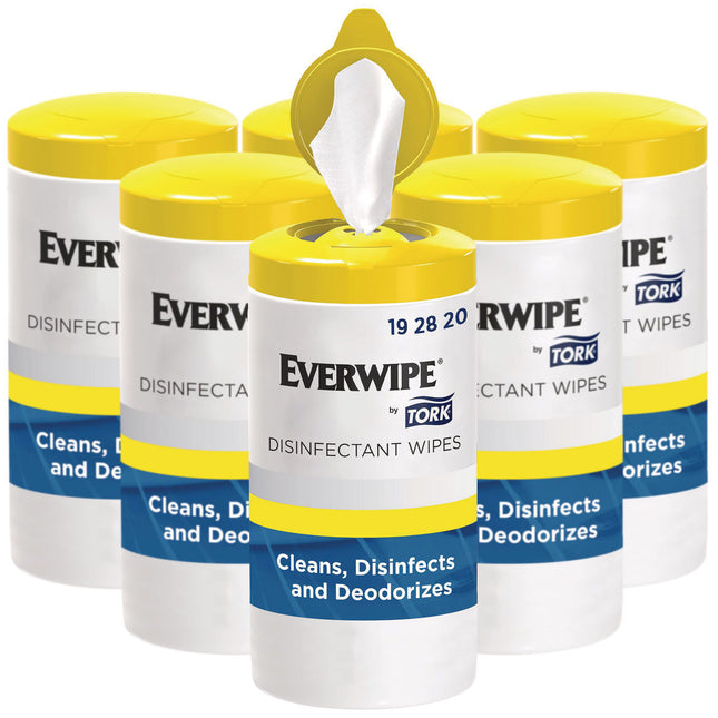Disinfectant Wipe Canisters, 1-Ply, 7 x 7, Lemon, White, 75 Sheets/Canister, 6/Carton