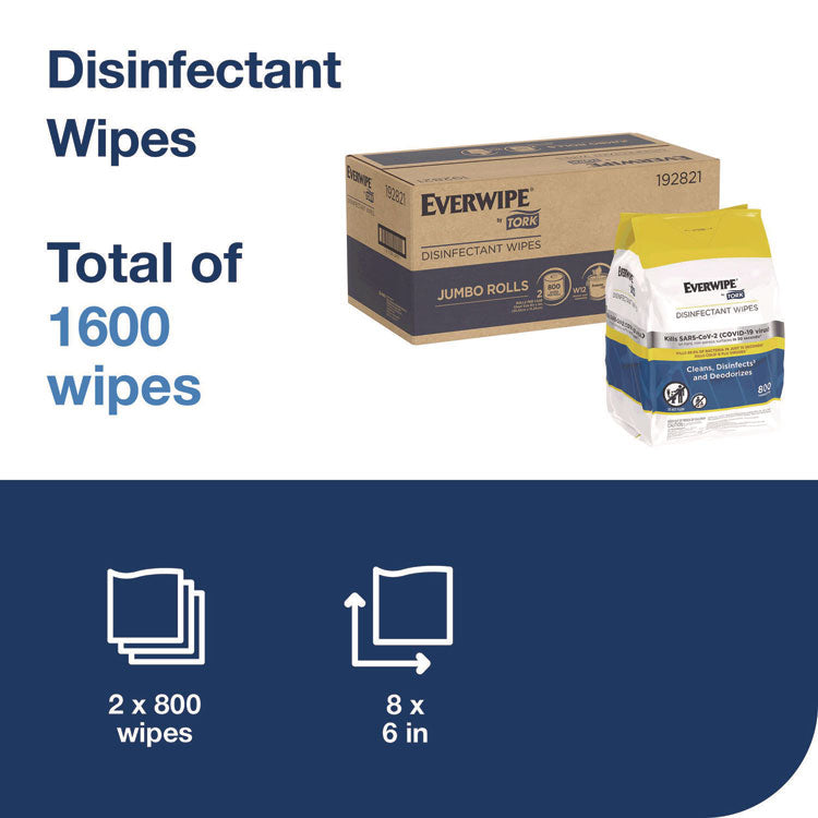 Disinfectant Wipe Jumbo Rolls, 1-Ply, 8 x 6, Lemon, White, 800 Sheets, 2/Carton