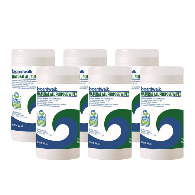 Natural All Purpose Wipes, 7 x 8, Unscented, White, 75 Wipes/Canister, 6 Canisters/Carton