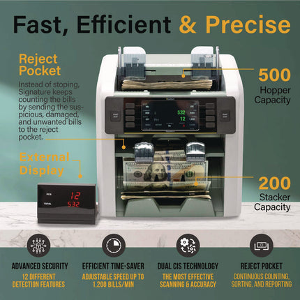 Signature Mixed Denomination Counter, 1,200 Bills/min, 10.5 x 11.7 x 10.5, Light Gray
