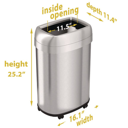 Open Top Trash Can with Wheels, Oval, 13 gal, Plastic/Stainless Steel, Silver