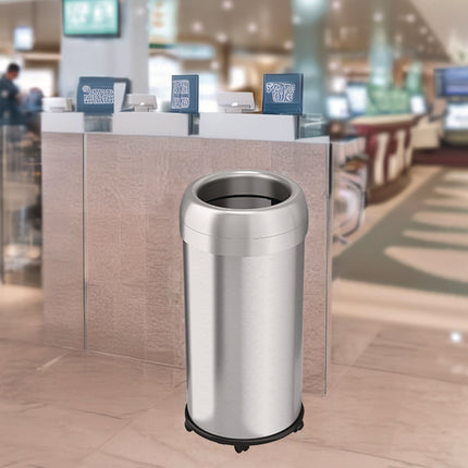 Open Top Trash Can with Wheels, Round, 16 gal, Plastic/Stainless Steel, Silver