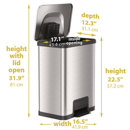 Step Pedal Trash Can with AirStep Technology, 13 gal, Plastic/Stainless Steel, Silver