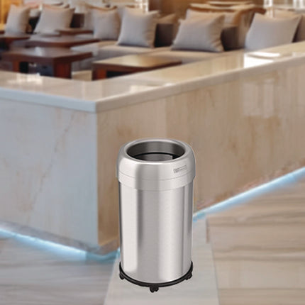Open Top Trash Can with Wheels, Round, 13 gal, Plastic/Stainless Steel, Silver