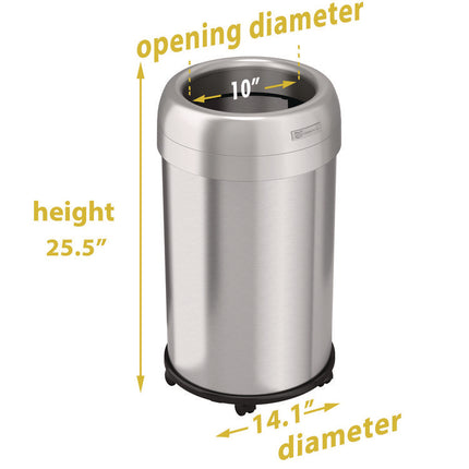Open Top Trash Can with Wheels, Round, 13 gal, Plastic/Stainless Steel, Silver
