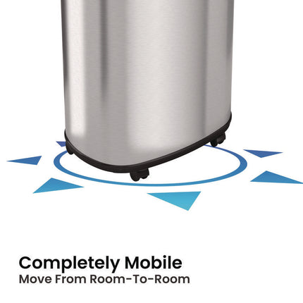 Open Top Trash Can with Wheels, Oval, 13 gal, Plastic/Stainless Steel, Silver