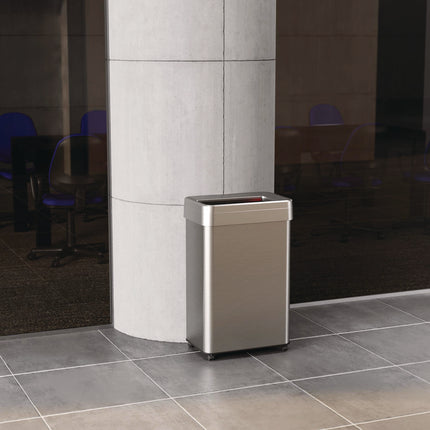 Open Top Trash Can with Wheels, Rectangular, 16 gal, Plastic/Stainless Steel, Silver