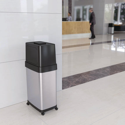 Dual Push Door Trash Can, 18 gal, Stainless Steel, Silver/Black