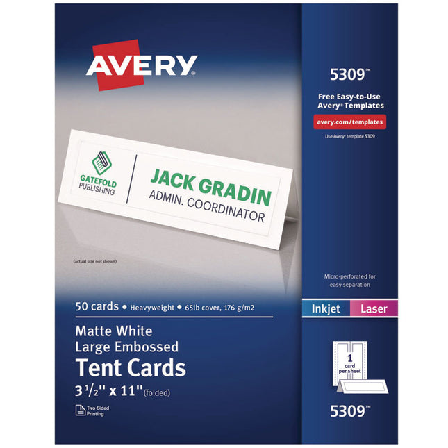 Large Embossed Tent Card, White, 11, x 3.5, 1 Card/Sheet, 50 Sheets/Box