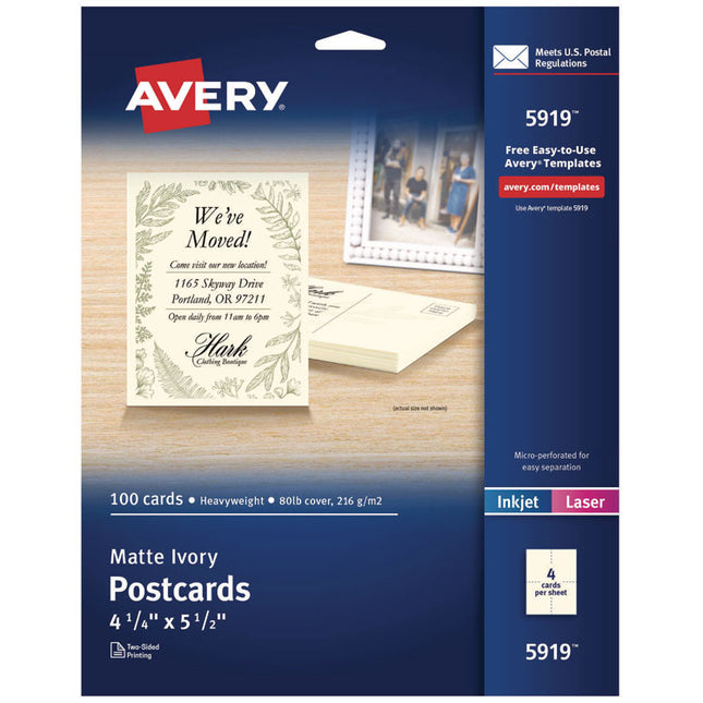 Printable Postcards, Inkjet/Laser, 80 lb, 4.25 x 5.5, Matte Ivory, 100 Cards, 4 Cards/Sheet, 25 Sheets/Box