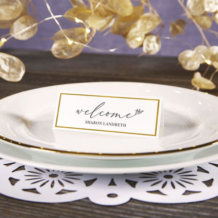 Tent Cards, White/Gold, 3.75" x 1.44", 6 Cards/Sheet, 25 Sheets/Pack